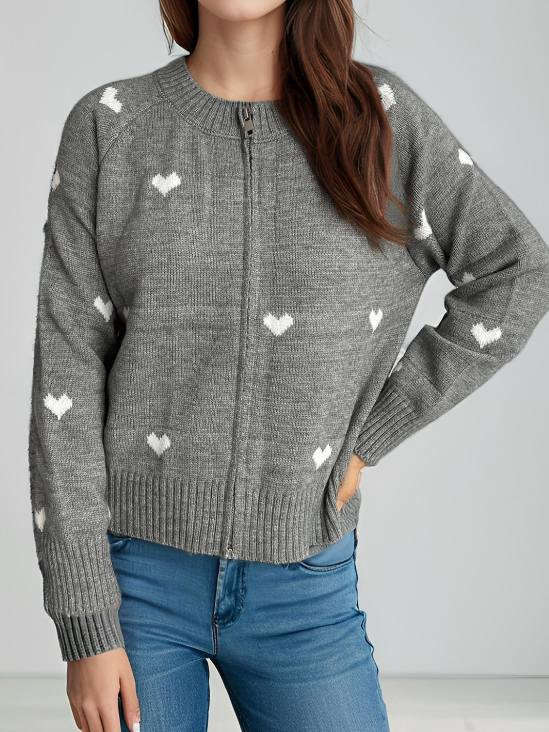 Heart Round Neck Zip Up Cardigan Trendsi