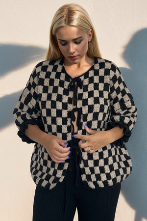 Double Take Tied Checkered Dropped Shoulder Flounce Sleeve Cardigan Trendsi