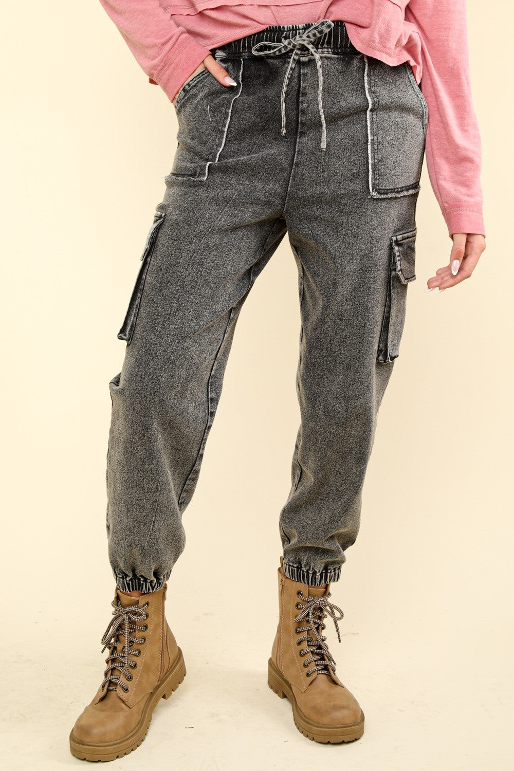 VERY J Washed Drawstring Jogger Cargo Jeans Trendsi