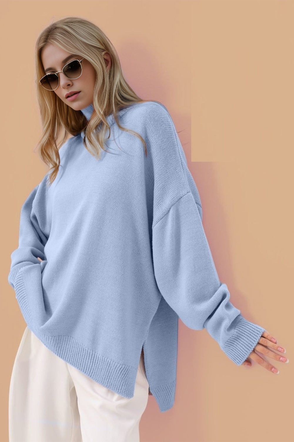 Basic Bae Side Slit Turtleneck Long Sleeve Sweater Trendsi