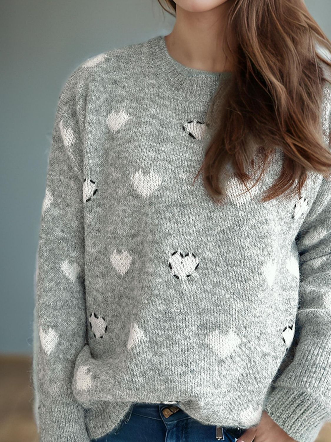 Heart Round Neck Long Sleeve Sweater Trendsi