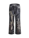 Sneakerhill Full Cross Stitching Leather Flare Jeans - sneakerhillcom