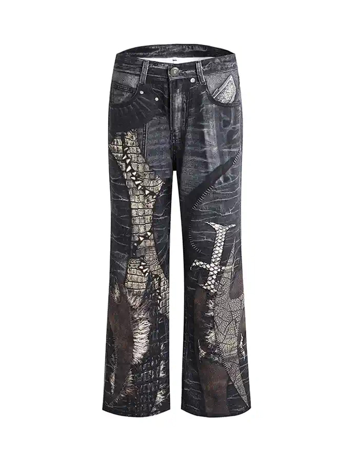 Sneakerhill Full Cross Stitching Leather Flare Jeans - sneakerhillcom