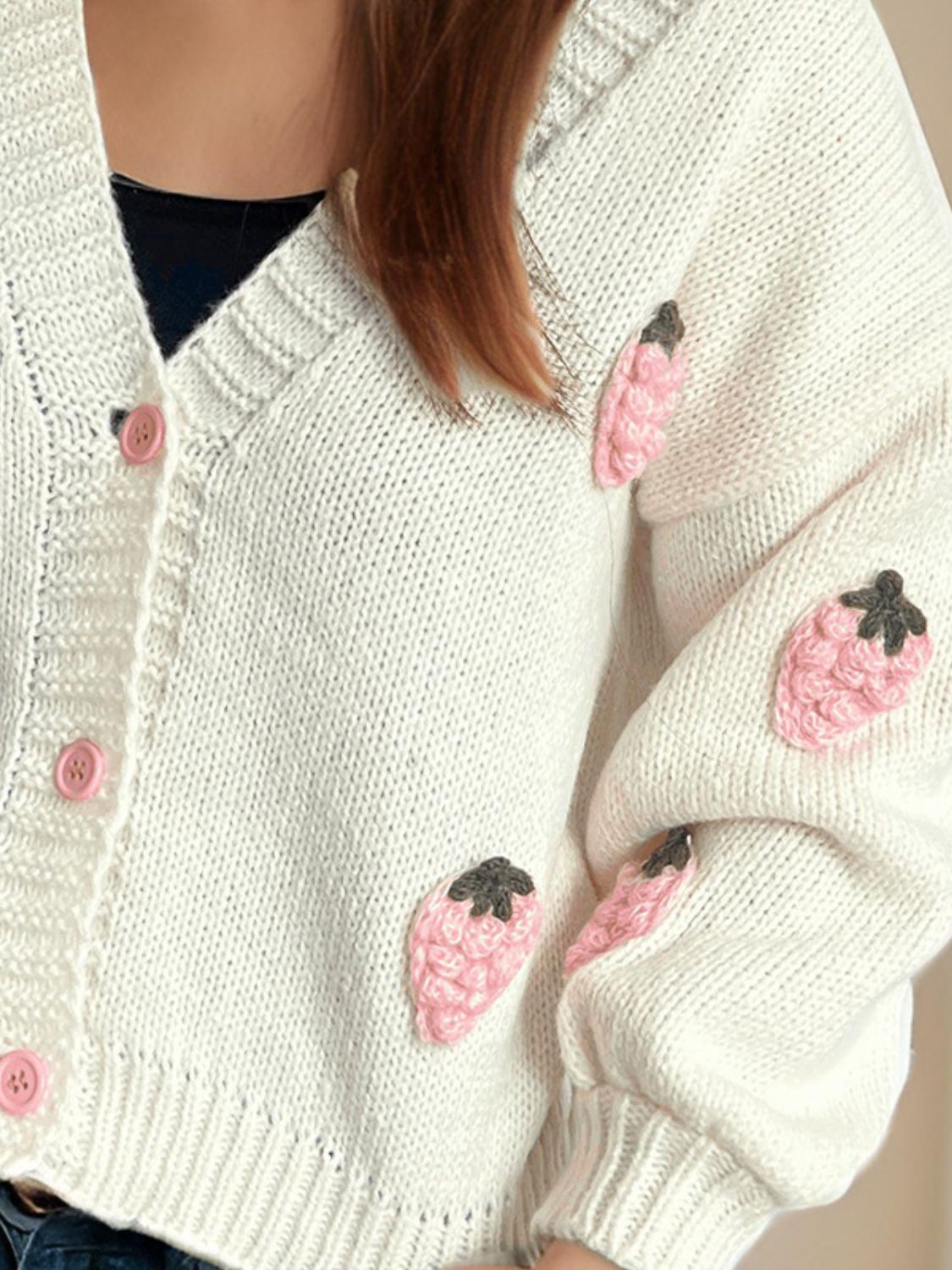 Crochet Strawberry V-Neck Long Sleeve Cardigan Trendsi