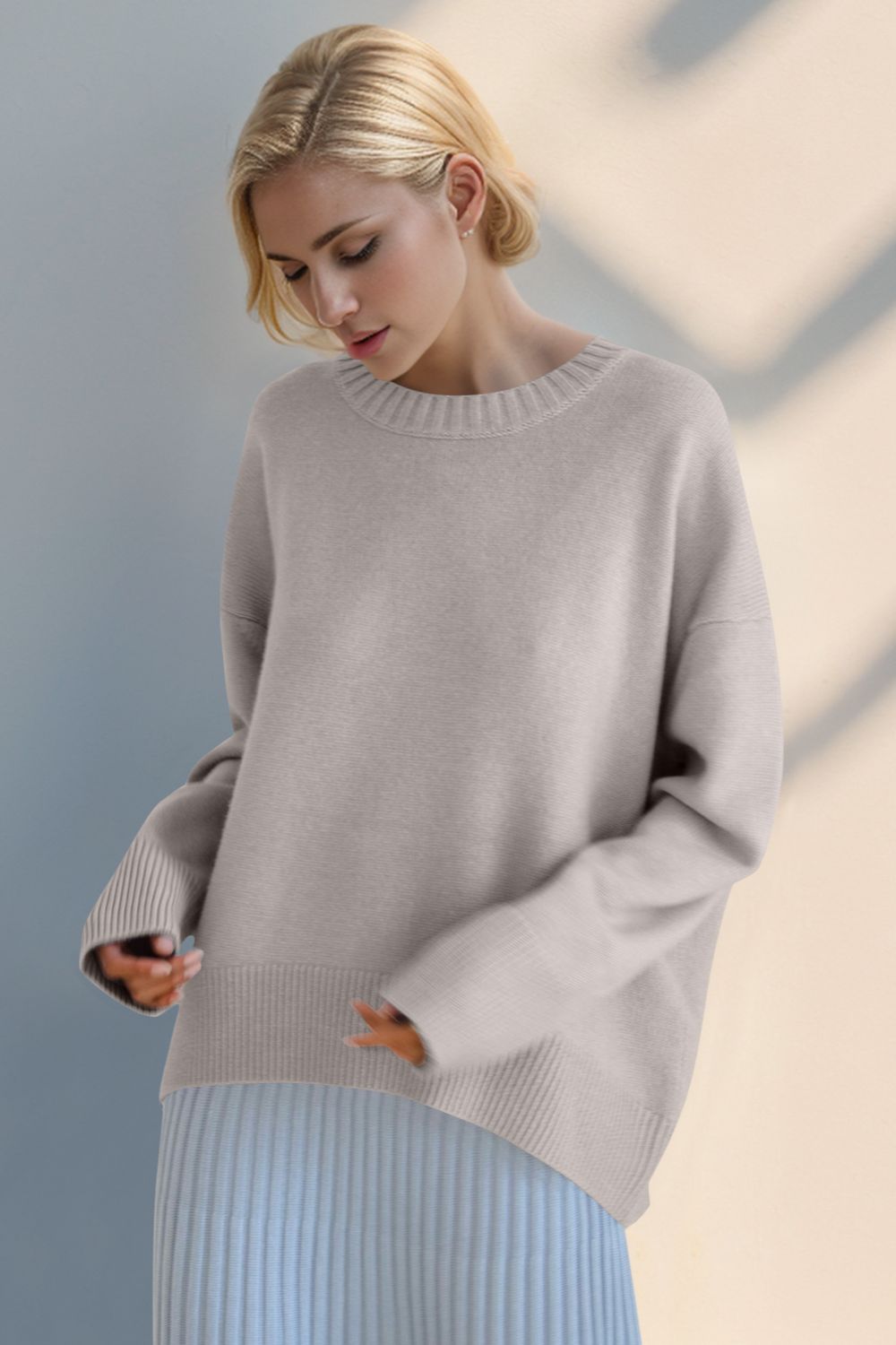 Basic Bae Round Neck Dropped Shoulder Sweater Trendsi