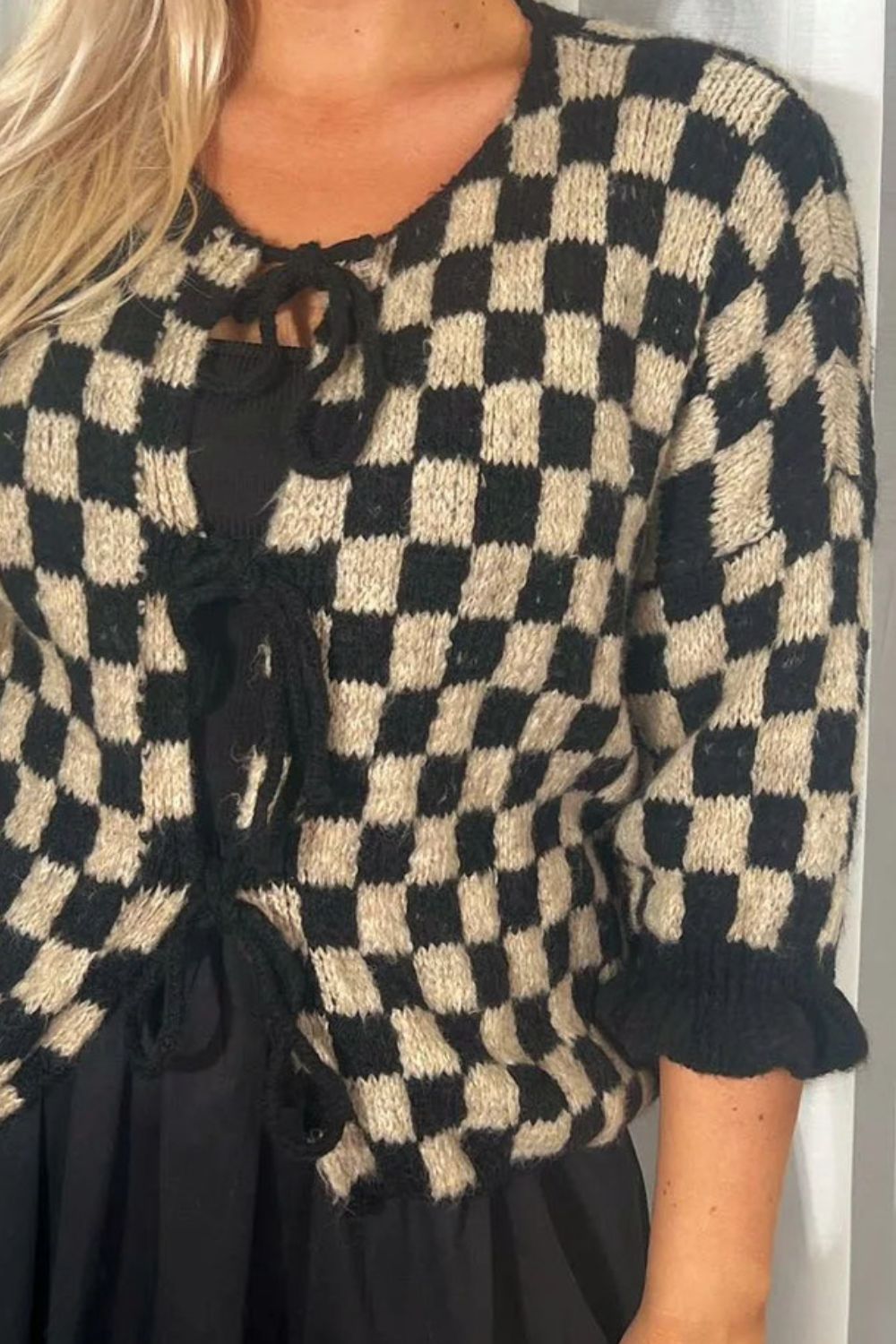 Double Take Tied Checkered Dropped Shoulder Flounce Sleeve Cardigan Trendsi