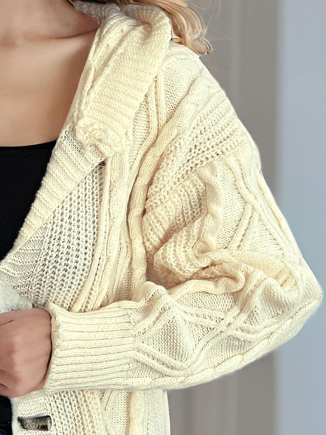 Cable-Knit Long Sleeve Hooded Cardigan Trendsi