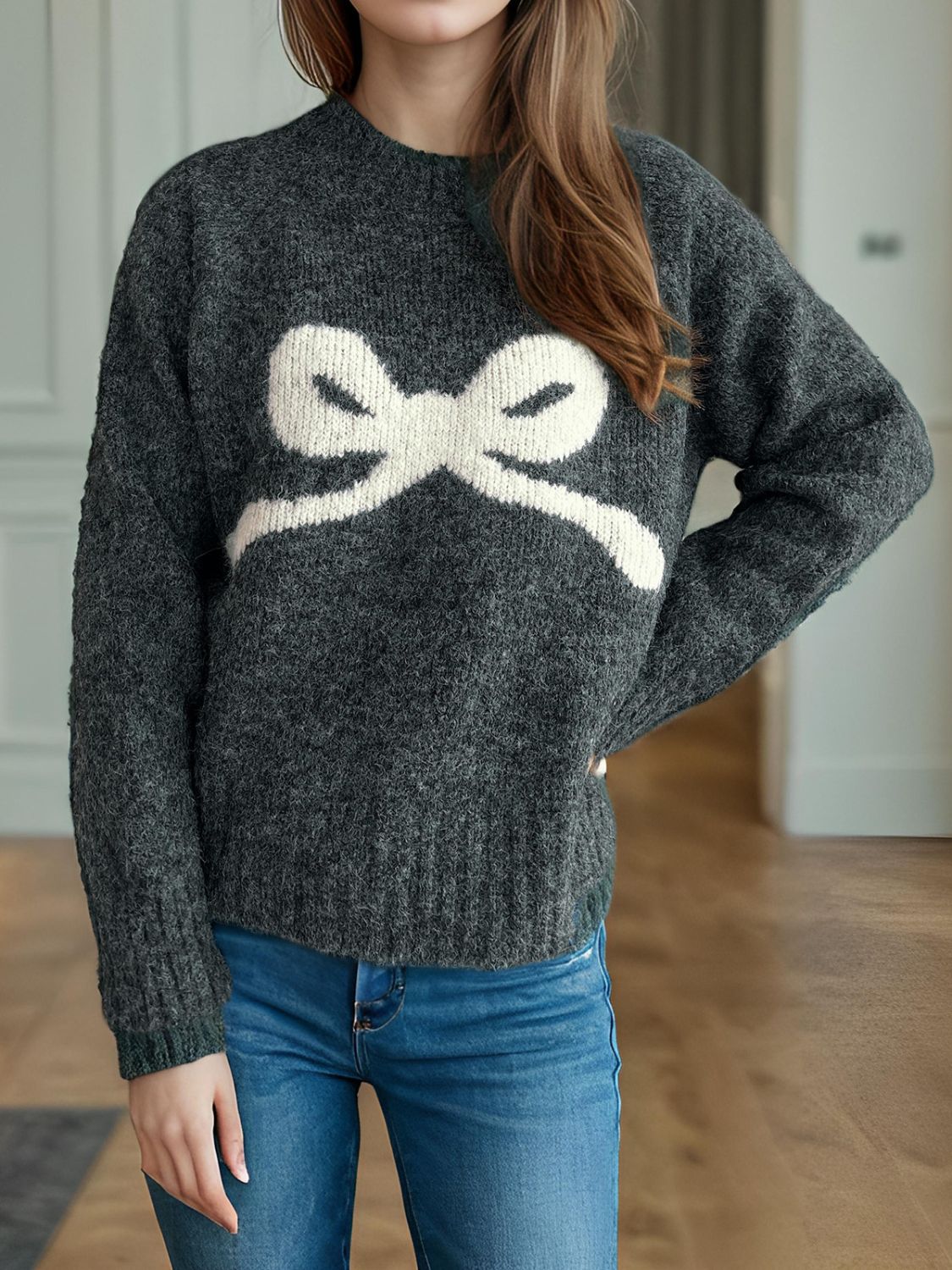 Bow Round Neck Long Sleeve Sweater Trendsi