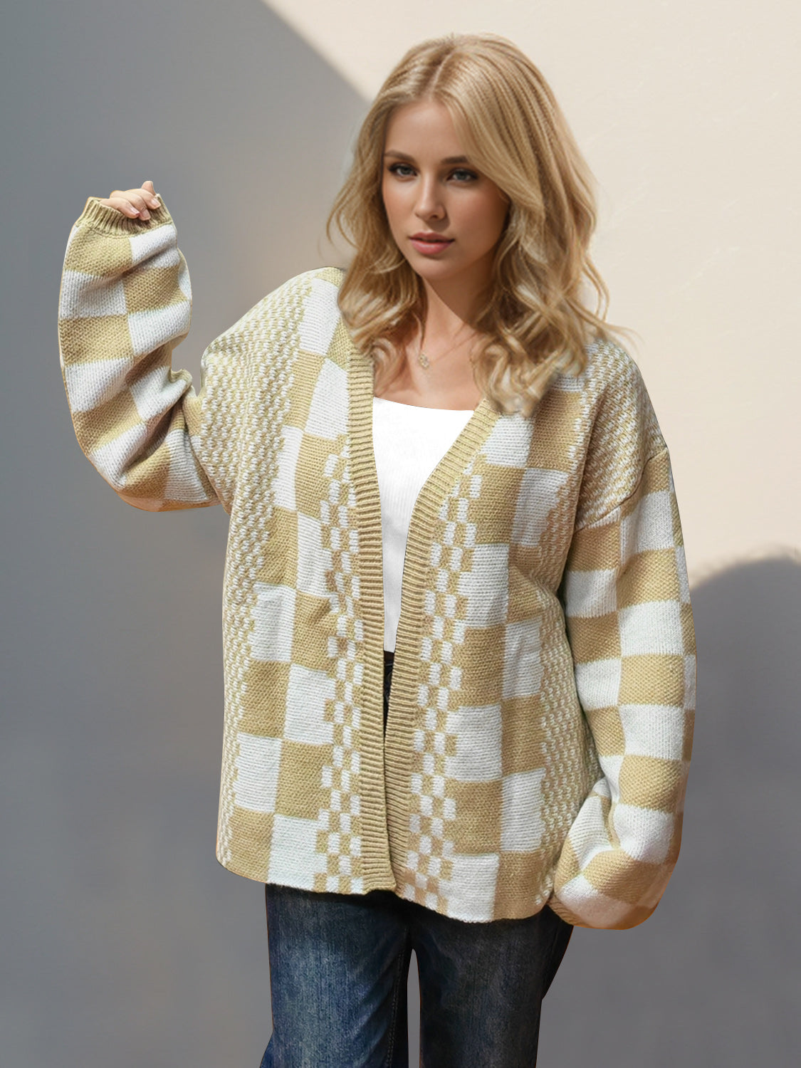 Double Take Checkered Open Front Dropped Shoulder Cardigan Trendsi