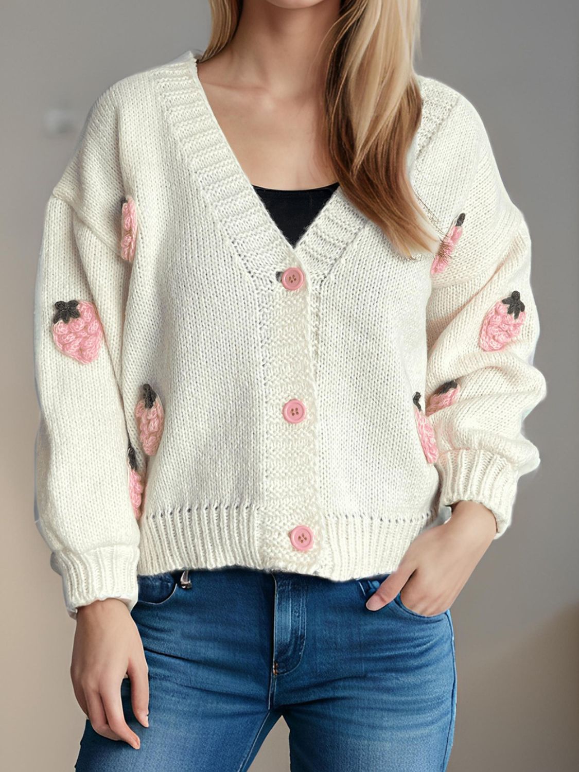 Crochet Strawberry V-Neck Long Sleeve Cardigan Trendsi