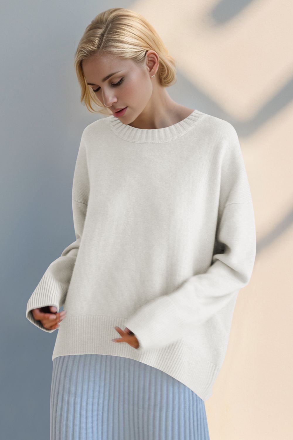 Basic Bae Round Neck Dropped Shoulder Sweater Trendsi