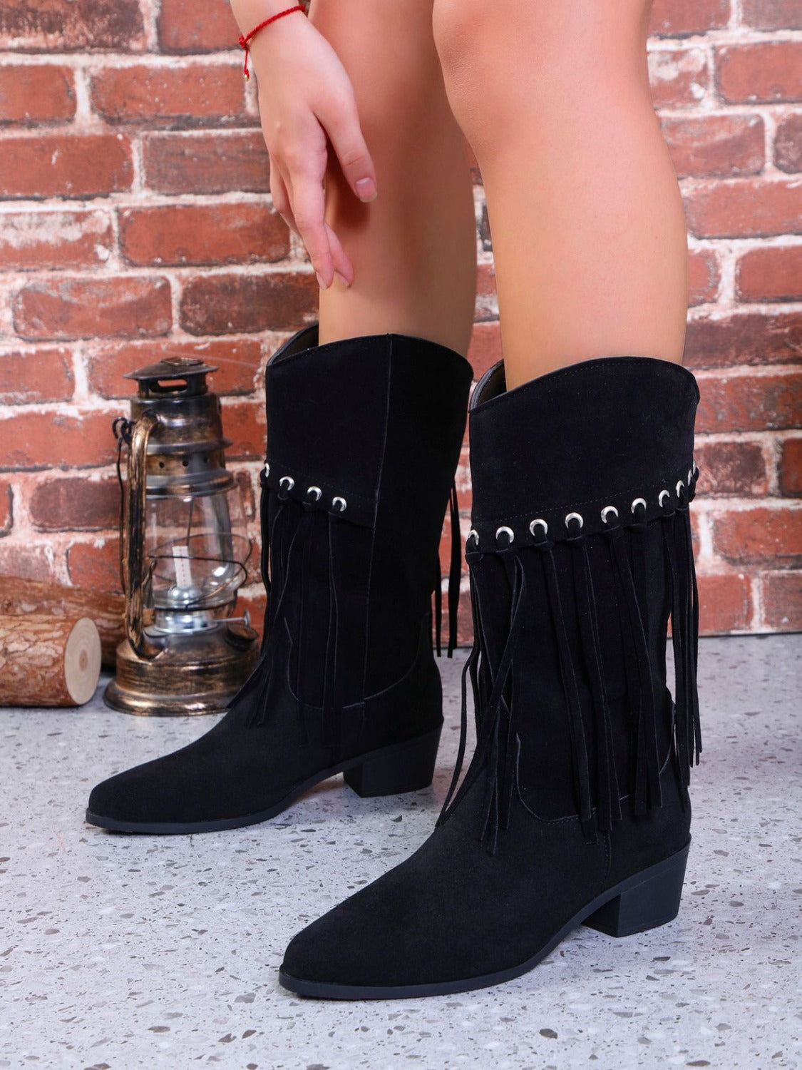 Fringe Suede Point Toe Block Heel Boots Trendsi