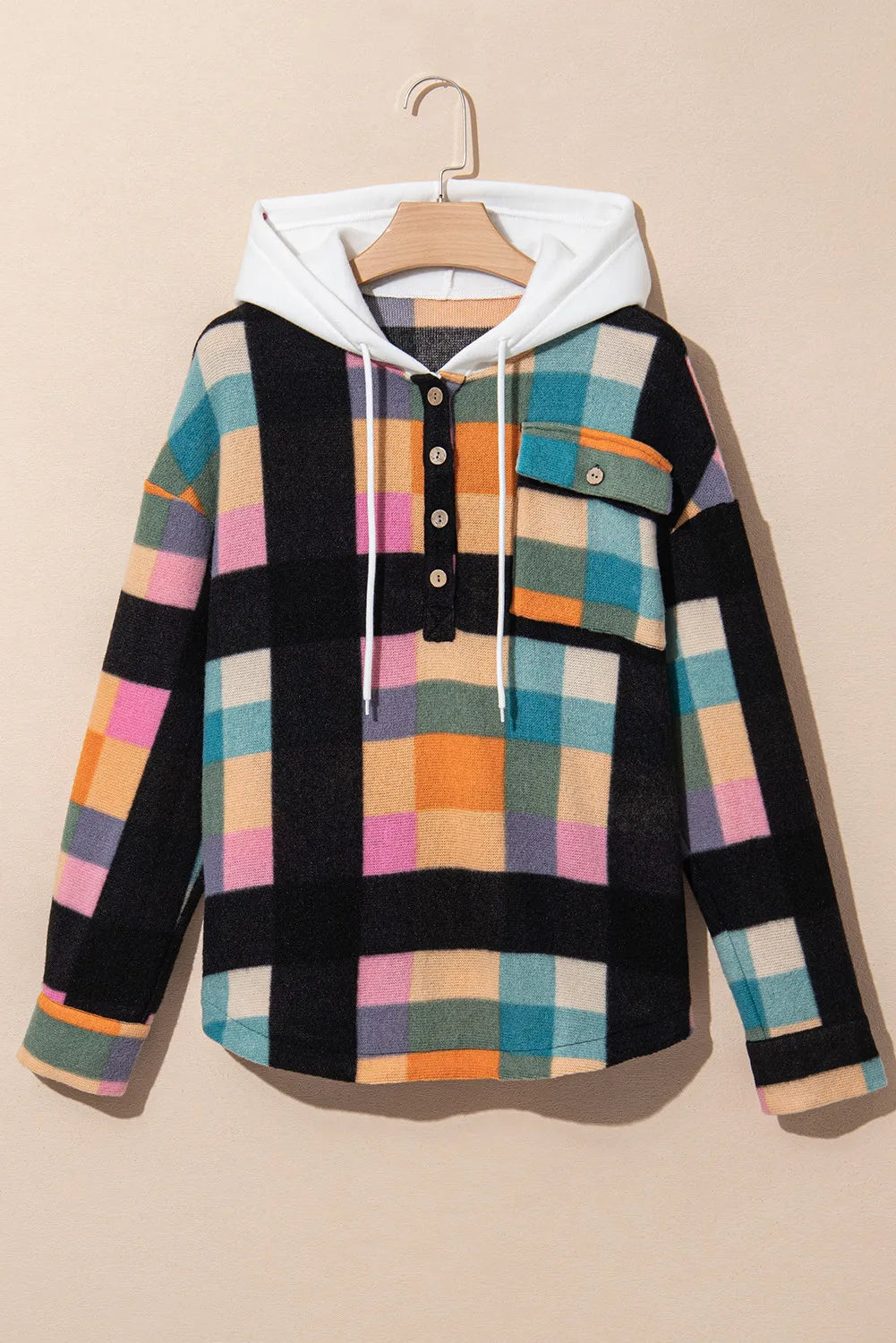 Drawstring Color Block Long Sleeve Hoodie Trendsi