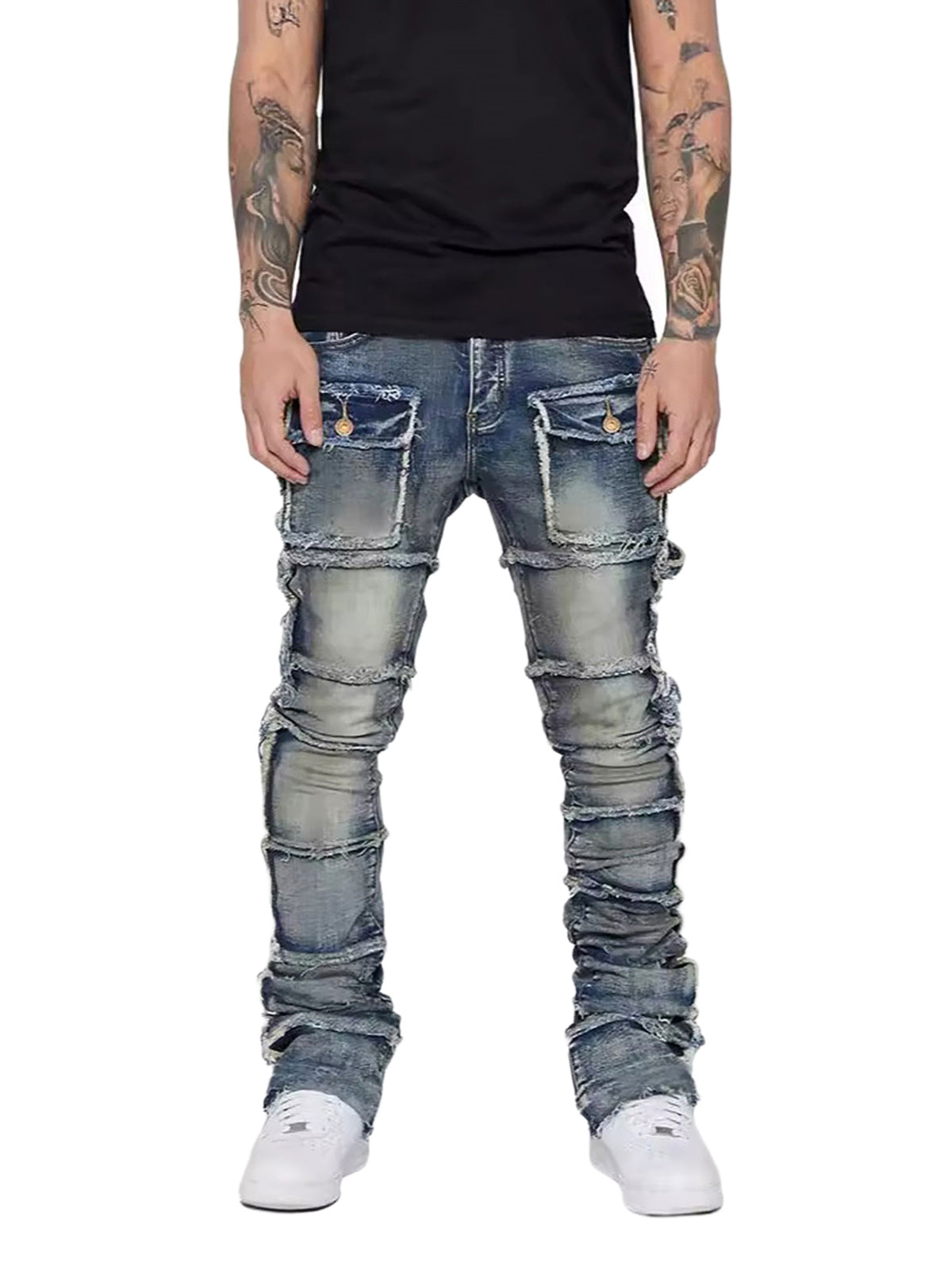 Sneakerhill Stretch Patch Layered Bootcut Stacked Jeans - sneakerhillcom