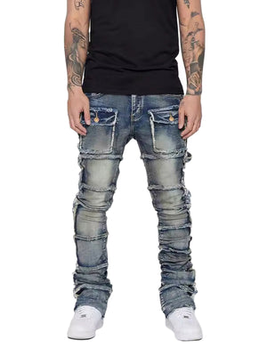 Sneakerhill Stretch Patch Layered Bootcut Stacked Jeans - sneakerhillcom