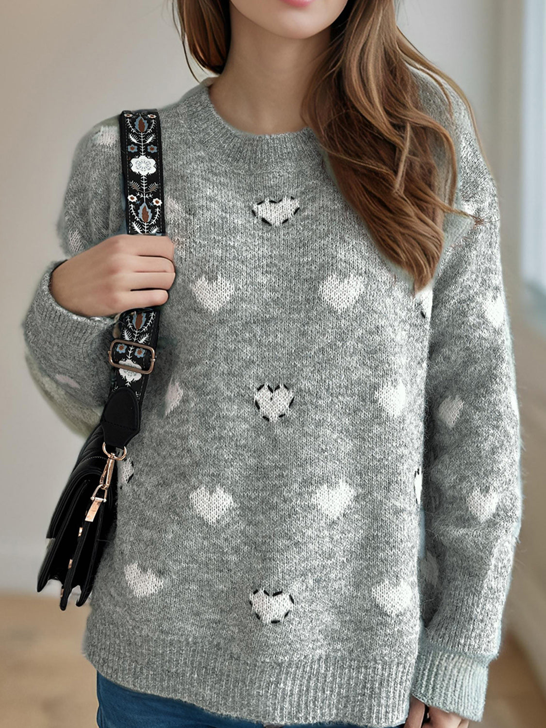 Heart Round Neck Long Sleeve Sweater Trendsi