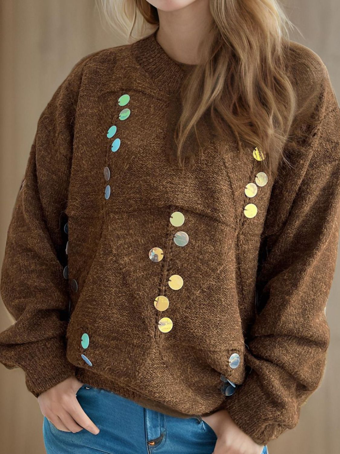 Sequin Mock Neck Long Sleeve Sweater Trendsi