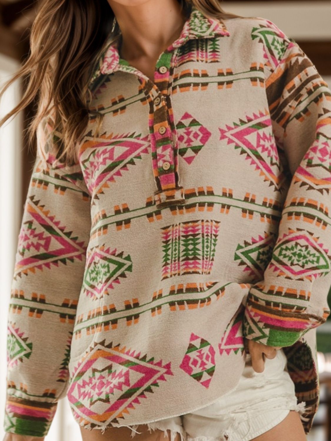 Geometric Half Button Long Sleeve Sweatshirt Trendsi