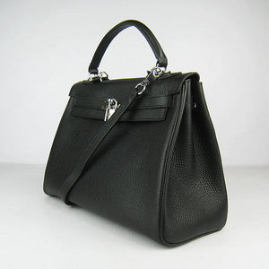 HMS Kelly 32cm Togo Leather Handbag 6108 Black Silver Kilta bags