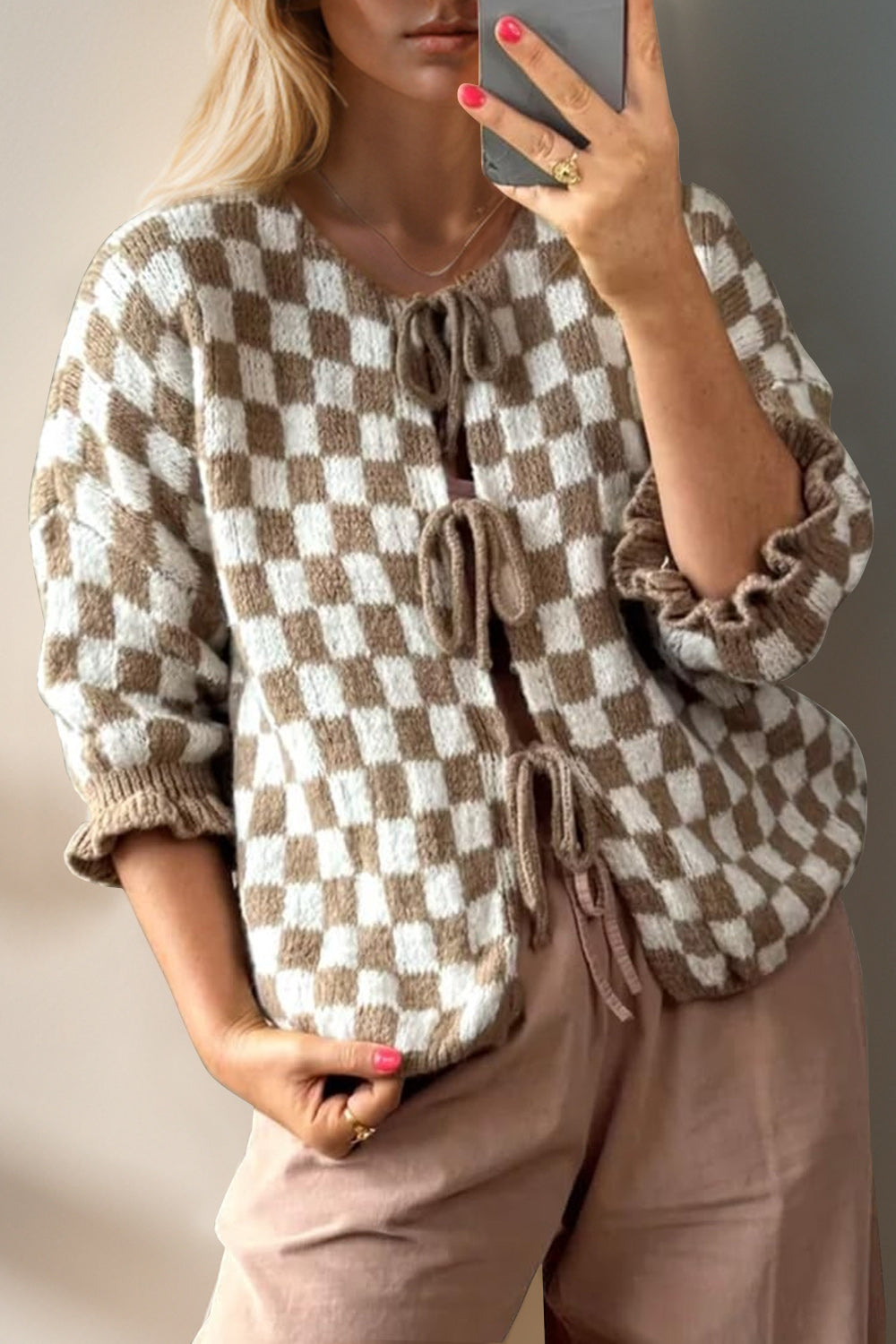 Double Take Tied Checkered Dropped Shoulder Flounce Sleeve Cardigan Trendsi