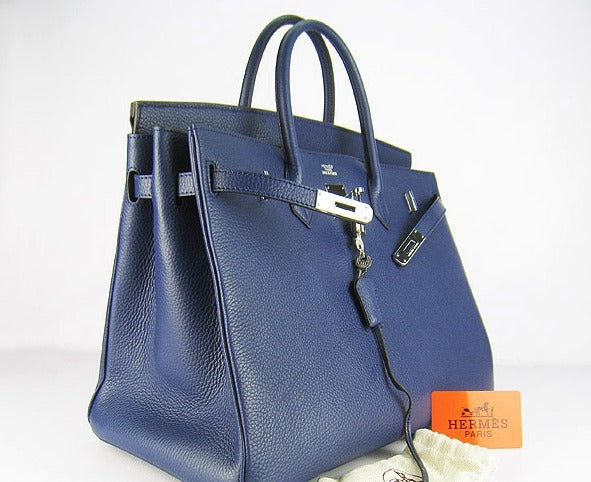 Hermes Birkin 35cm Togo Leather Handbags 6099 Dark Blue Silver - sneakerlandnet