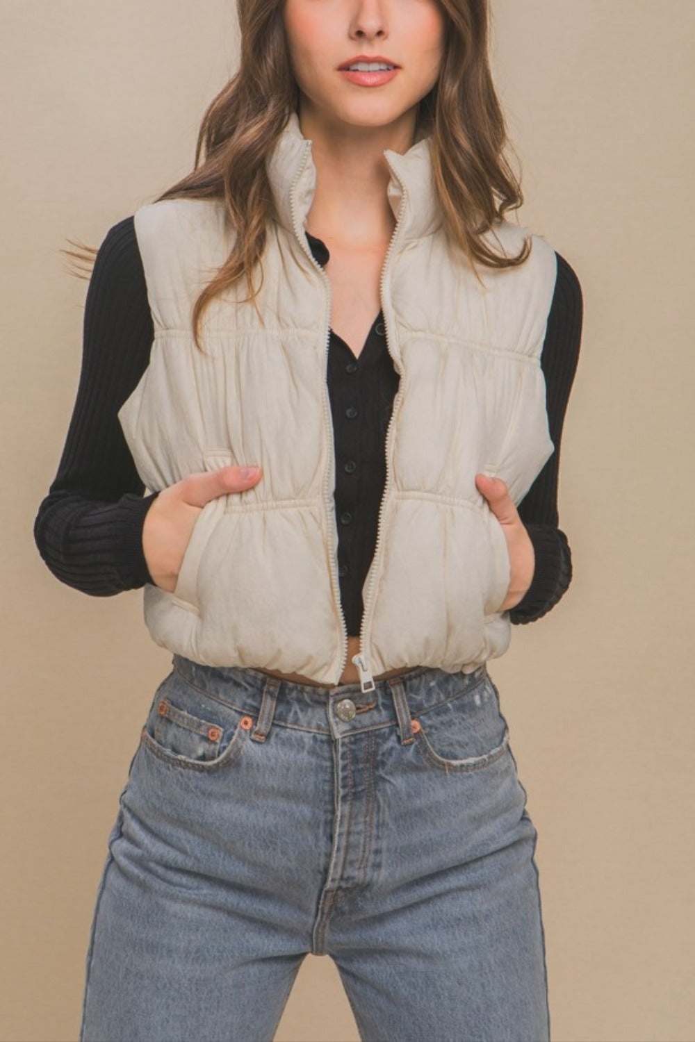 Love Tree Zip Up Turtleneck Cropped Vest Coat Trendsi