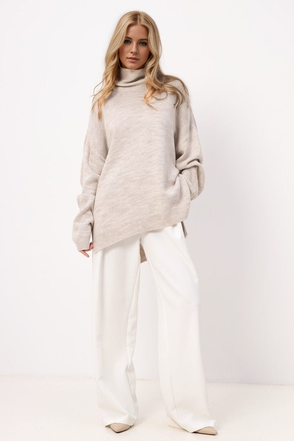 Basic Bae Side Slit Turtleneck Long Sleeve Sweater Trendsi