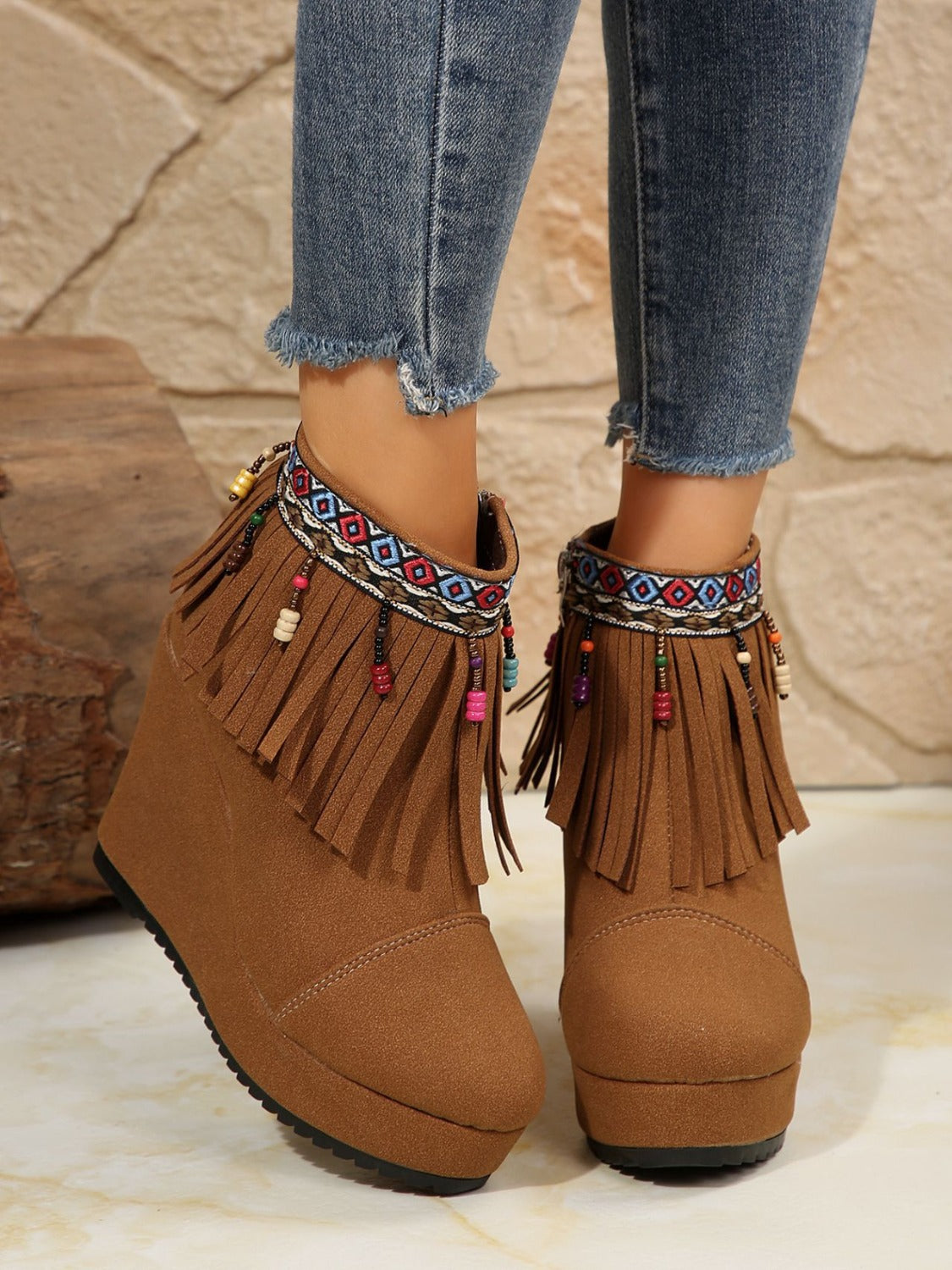 Fringe Suede Wedge Boots Trendsi