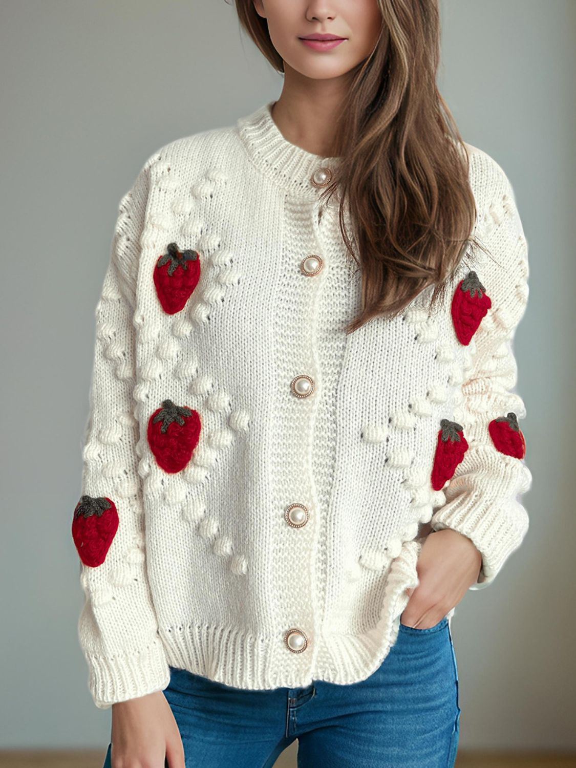 Strawberry Button Down Long Sleeve Cardigan Trendsi