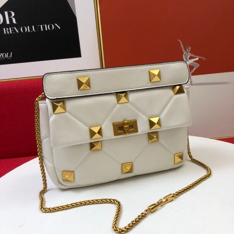 Sneakerhill - Rivet Shoulder Purses Bag With Chain White - sneakerhillcom