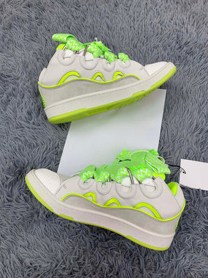 Premium  Women Leather Curb Sneaker white fluorescent yellow - sneakerhillcom