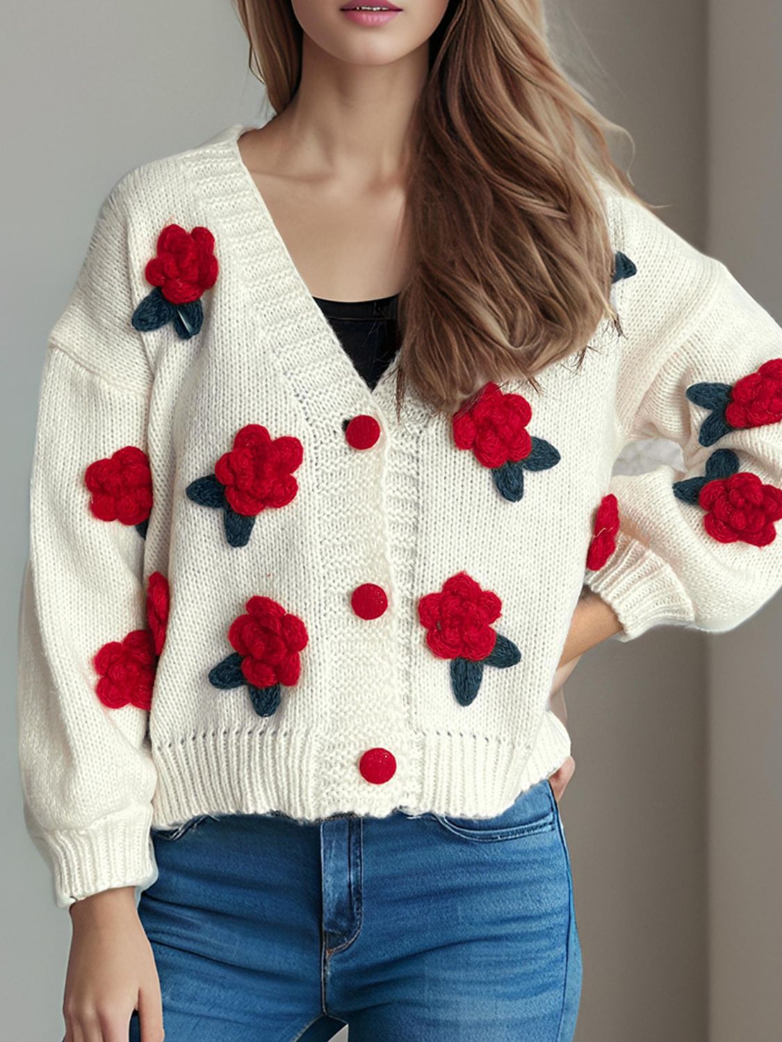 Flower Button Down V-Neck Long Sleeve Cardigan Trendsi