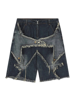 Sneakerhill American Pentagram Tassel Patch Denim Shorts - 1681 SP230605H081