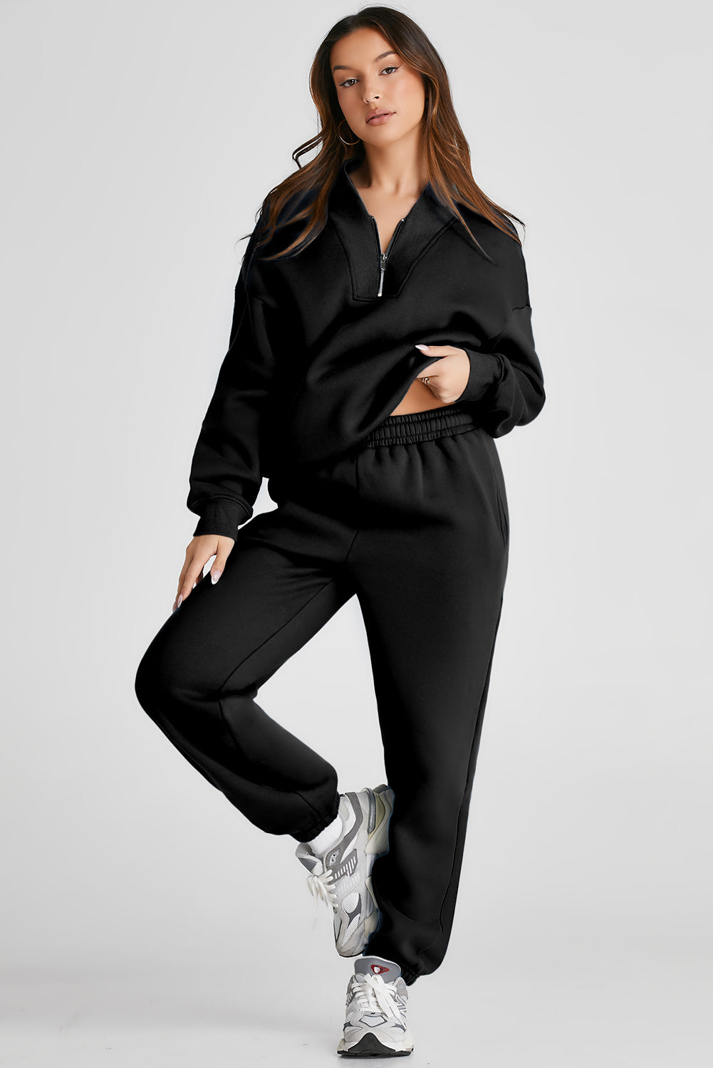 Quarter Zip Long Sleeve Top and Pants Set Trendsi