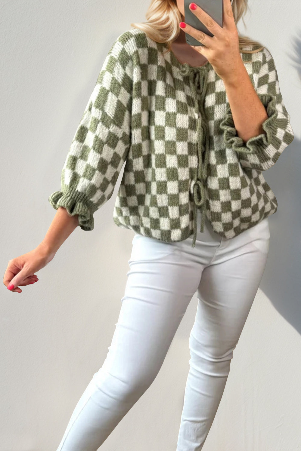 Double Take Tied Checkered Dropped Shoulder Flounce Sleeve Cardigan Trendsi