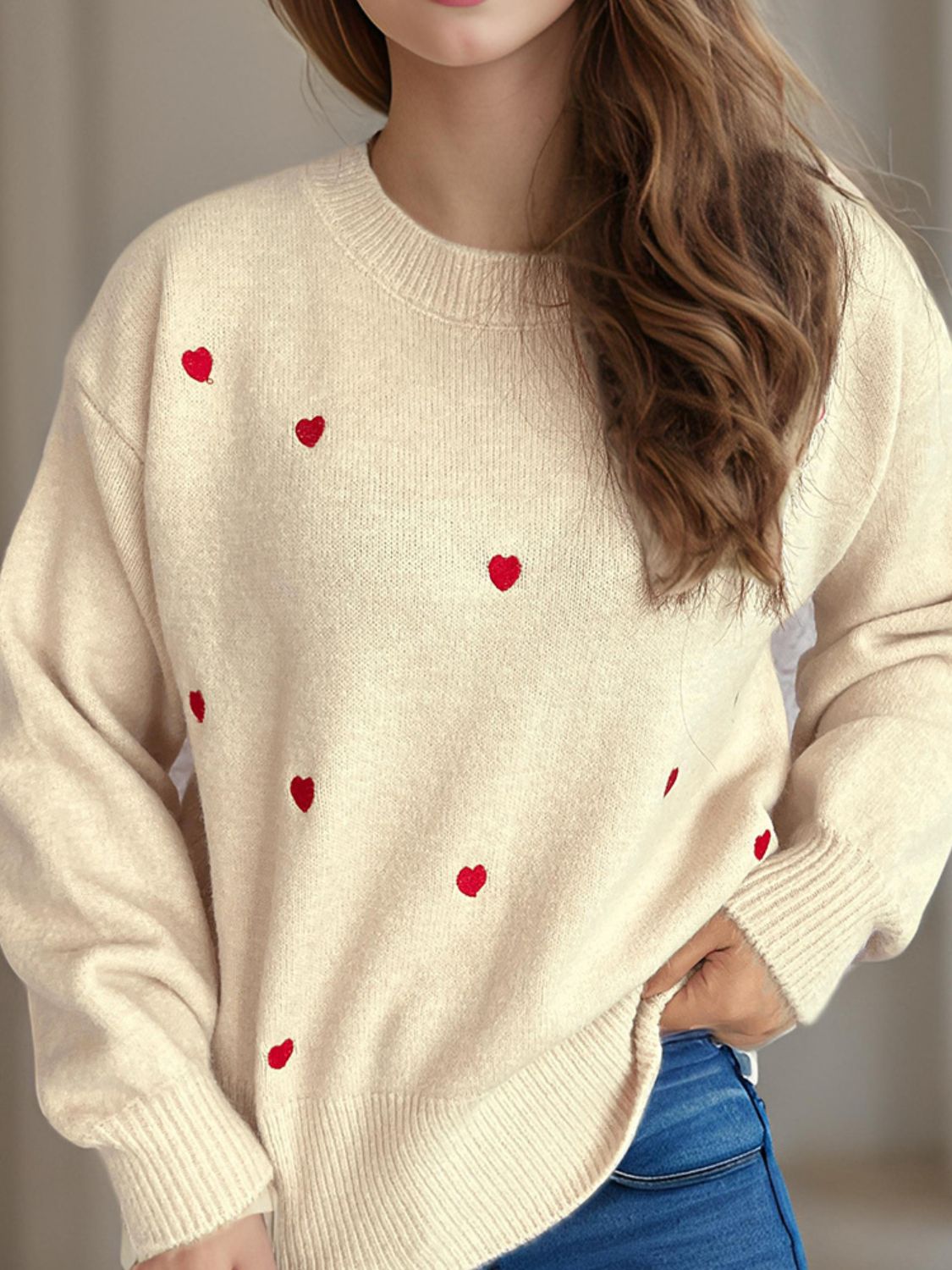 Heart Round Neck Long Sleeve Sweater Trendsi