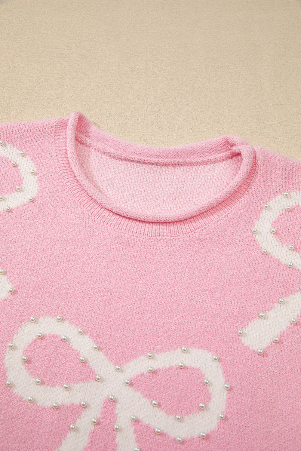 Pearl Detail Bow Round Neck Long Sleeve Sweater Trendsi