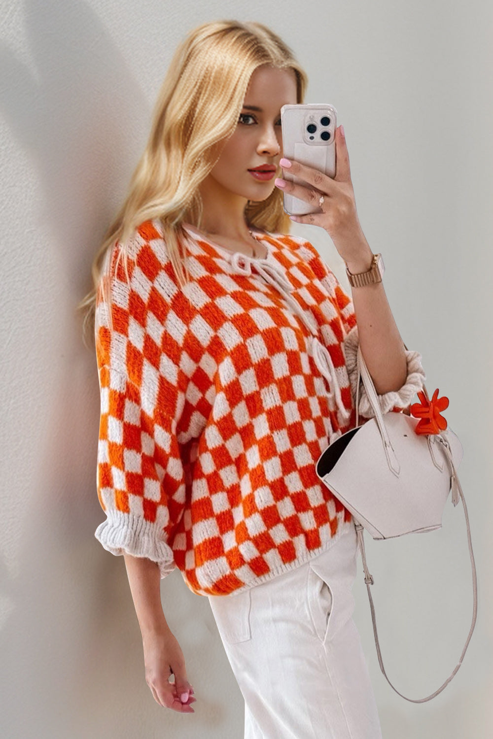 Double Take Tied Checkered Dropped Shoulder Flounce Sleeve Cardigan Trendsi