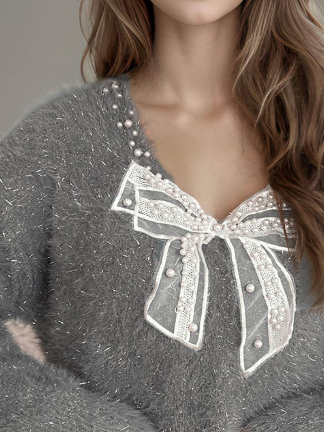 Bow Pearl Detail V-Neck Long Sleeve Sweater Trendsi