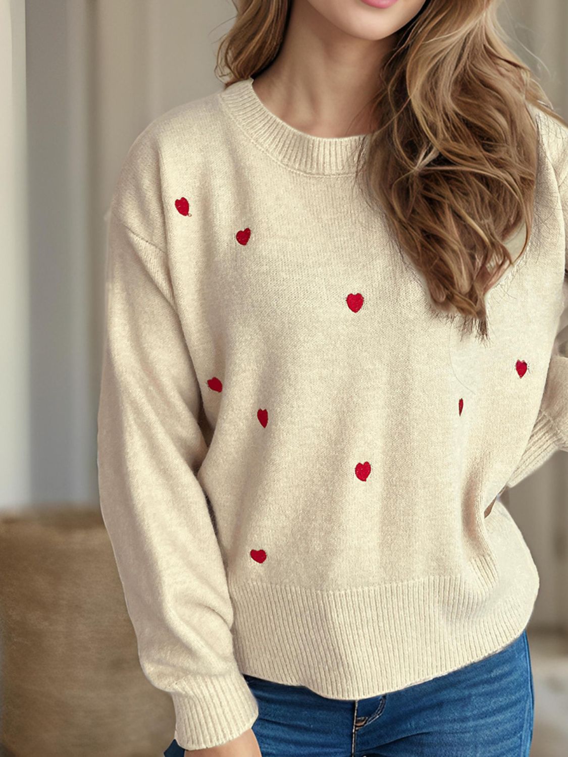 Heart Round Neck Long Sleeve Sweater Trendsi