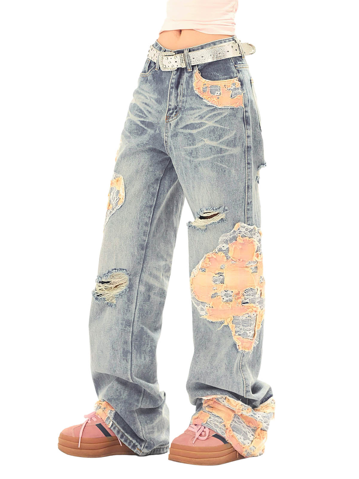 Sneakerhill Vintage Lace Patchwork Baggy Jeans - sneakerhillcom