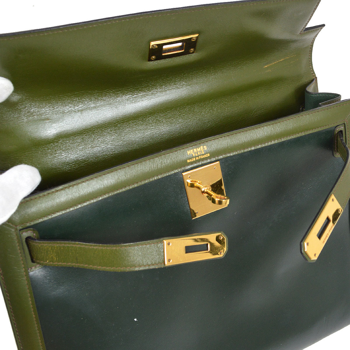 KELLY 32 SELLIER Bicolor Green Box Calf Amazonia Kilta bags