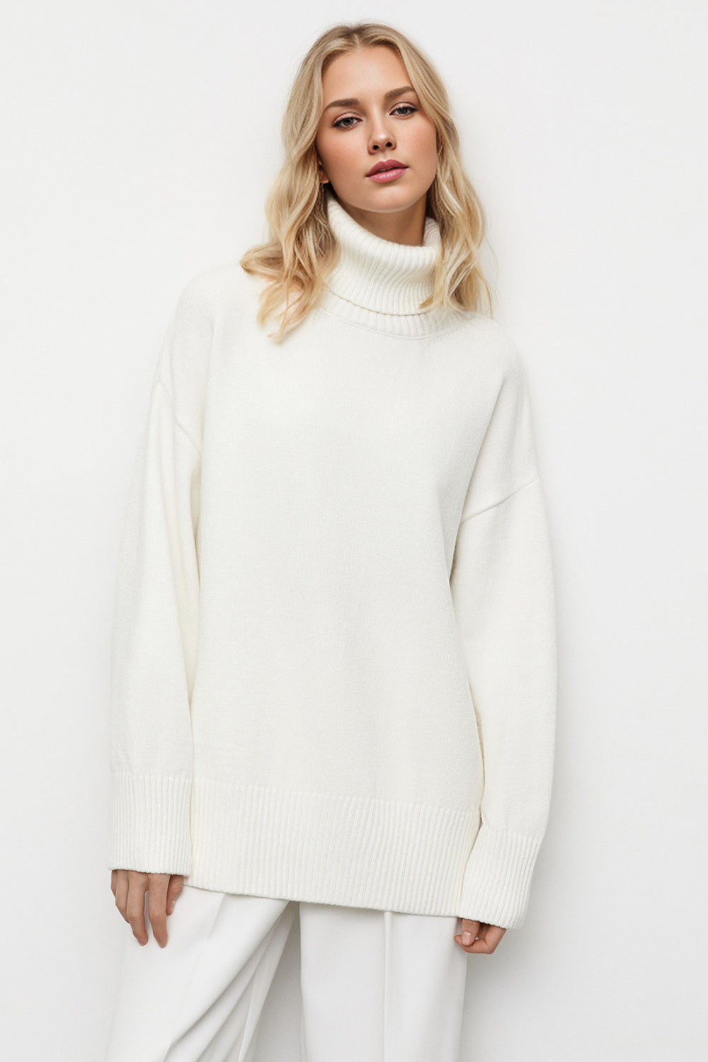 Basic Bae Turtleneck Dropped Shoulder Long Sleeve Sweater Trendsi