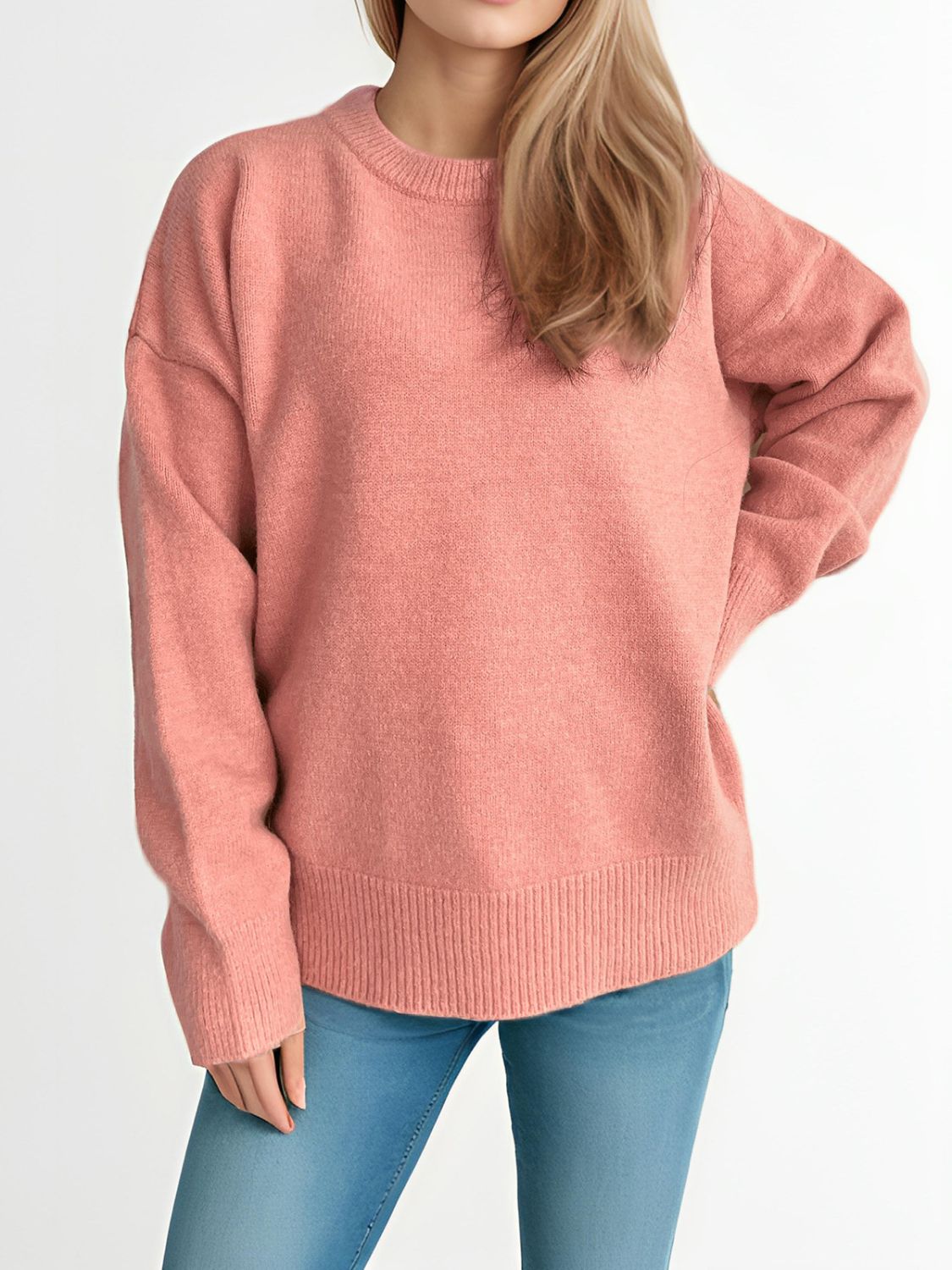 Round Neck Dropped Shoulder Long Sleeve Sweater Trendsi