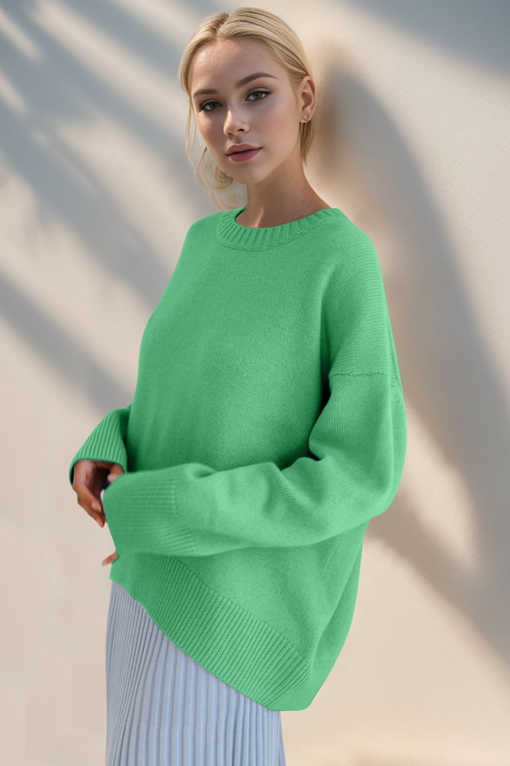 Basic Bae Round Neck Dropped Shoulder Sweater Trendsi