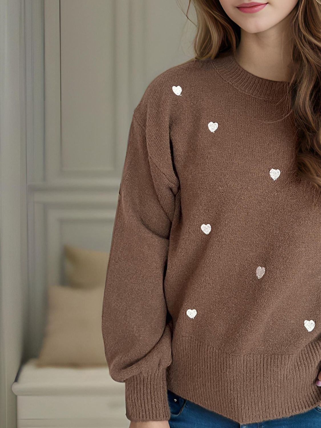 Heart Round Neck Long Sleeve Sweater Trendsi