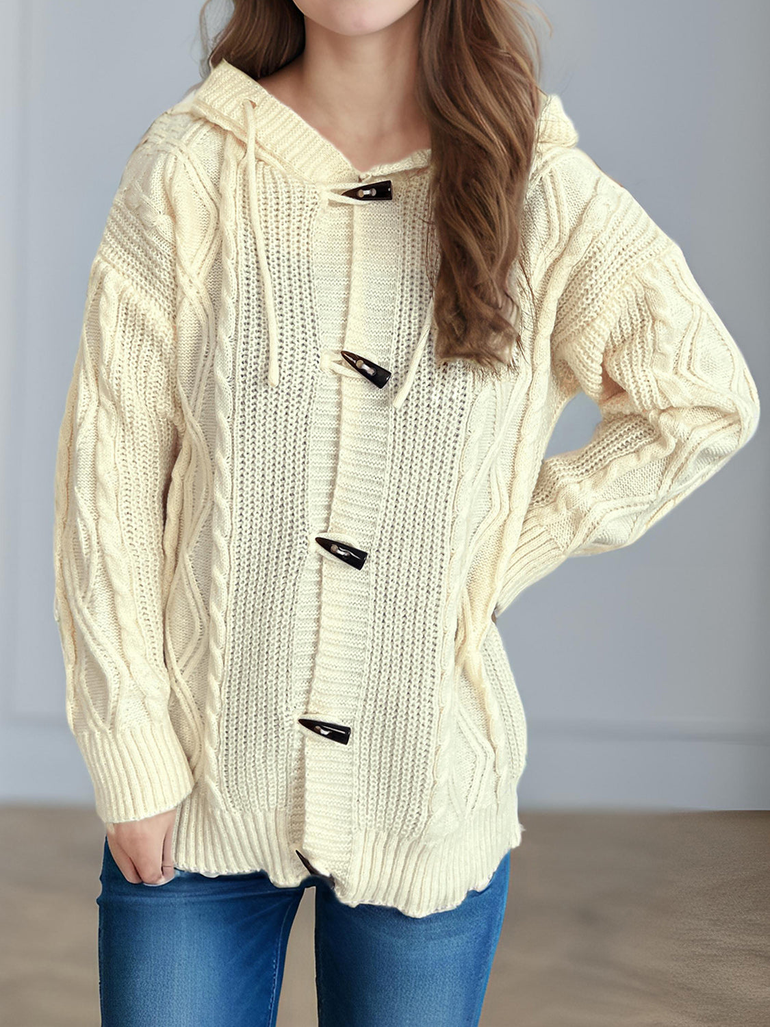 Cable-Knit Long Sleeve Hooded Cardigan Trendsi