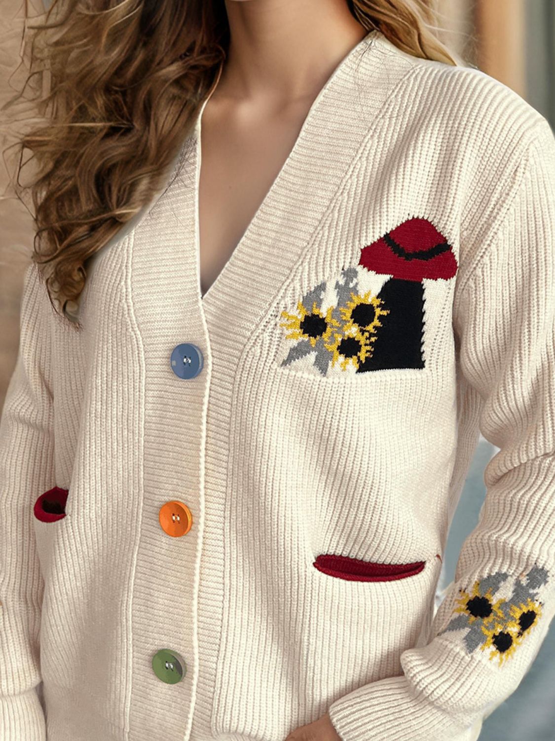 Contrast Button V-Neck Long Sleeve Cardigan Trendsi