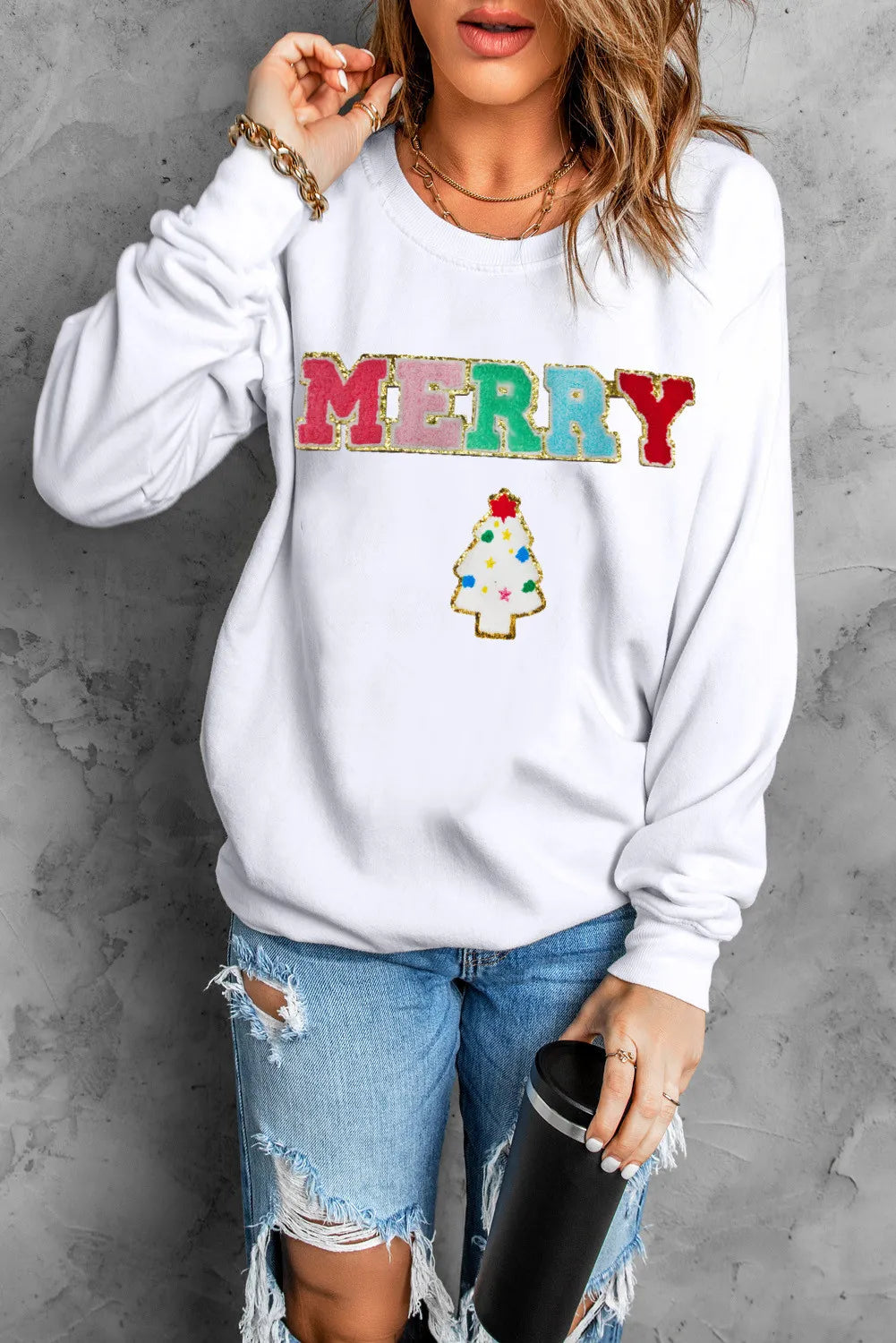 MERRY Round Neck Long Sleeve Sweatshirt Trendsi