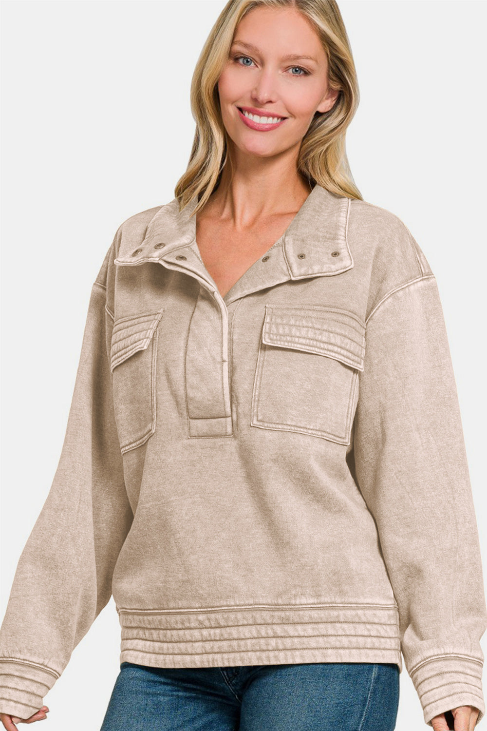 Zenana Acid Washed Half Snap Fleece Sweatshirt Trendsi